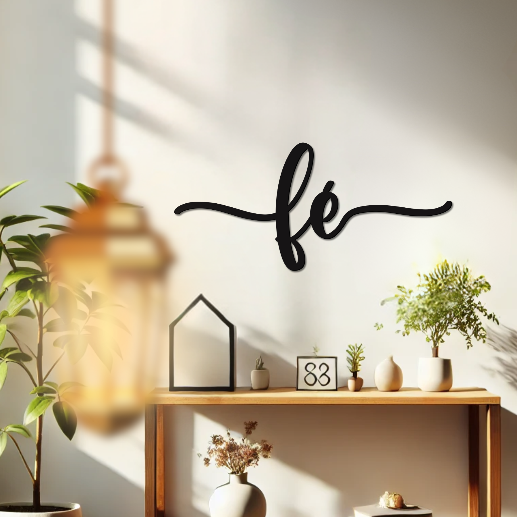 Fé Lettering 43x20cm - Quadro em Madeira Mdf - Apliques de Parede - Decoração para Quarto e Casa