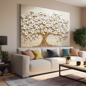 Quadro Decorativo Árvore da Vida Flores Brancas Sala Quarto Casa Escritório
