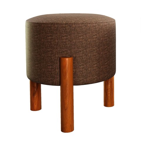Puff Lucca Marrom Pés Palito Decorativo Recepção Redondo em Linho Cru
