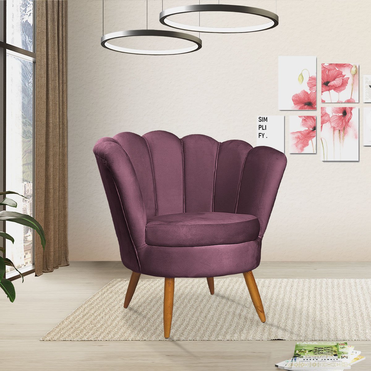 Poltrona Decorativa Pétala de Flor para Sala Roxo Pé Palito - 3