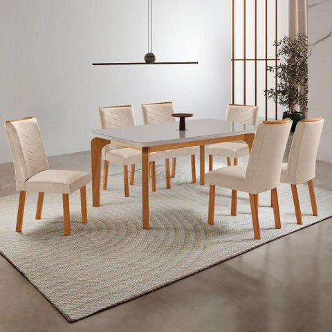 Conjunto Mesa de Jantar 180cm com 6 Cadeiras Estofadas Multimóveis Crrft-CON046 Madeirado/Off White