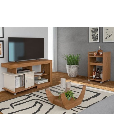 Conjunto 3 Peças Carrinho Bar e Mesa de Centro e Rack Royal