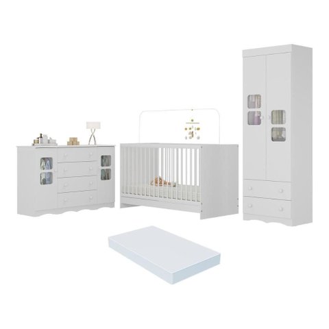 Conjunto de Quarto Serena 4 Portas 6 Gavetas MDP-MDF 62cm Branco