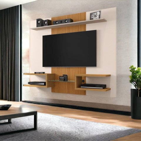 Painel para Tvs 55 Atlas Off White e Cinamomo Ripado Bechara