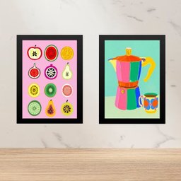 Kit 2 Quadros Coloridos para Cozinha - Café e Frutas 24x18cm:moldura Preta - 1