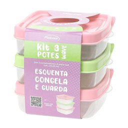 Conjunte 3 Potes de Plástico 600ml Plasvale Vasilhas com Tampa Quadrado Colorido - 1