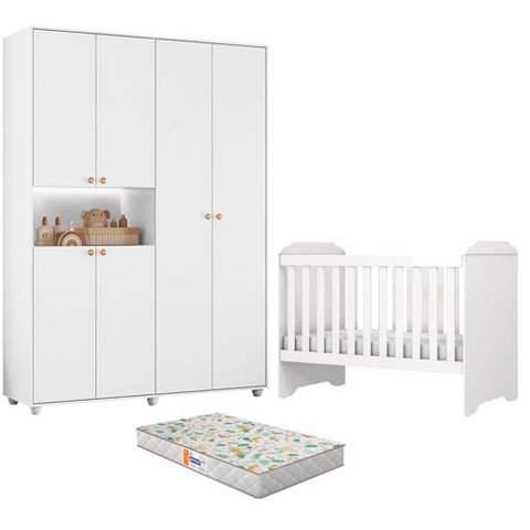 Berço Americano Mini Cama Mel com Colchão e Guarda Roupa Infantil Vittoria 6 Portas Branco - Móveis 