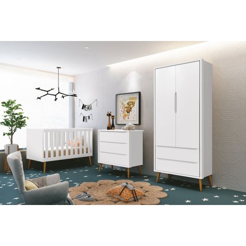 Jogo de Quarto para Bebê Completo 2 Portas Théo New Branco Fosco com Madeira - MoveisAqui