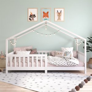 Cama Montessoriana Madeira Maciça Casa com Estrado Lisan Branca