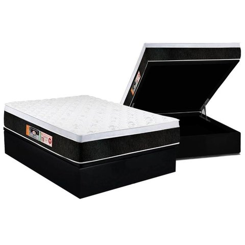 Cama Box Baú Casal: Colchão Espuma D45 Castor Black e White Air Euro Pillow + Base CRC Courano Black