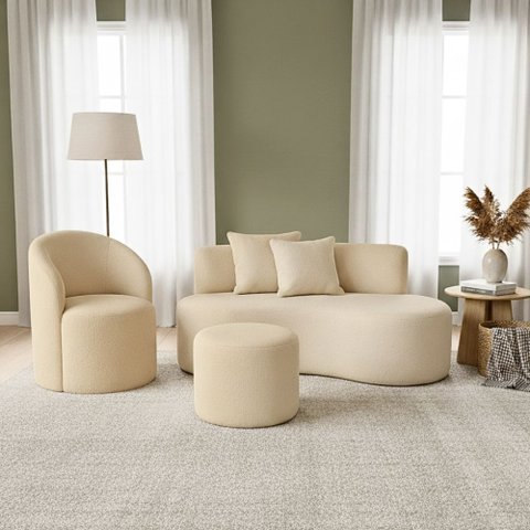 Conjunto 01 Poltrona + Sofá  e 1 Puff Curvo Orgânico Nature Gaia Boucle Bege - Montanaris Decor