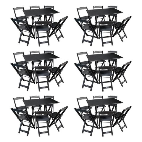 Kit 6 Conjuntos de Mesa Dobráveis de Madeira 70x110cm com 6 Cadeiras Preta