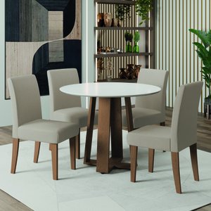 Conjunto de Mesa Sala de Jantar Athenas Redonda 1,03m 4 Cadeiras Trieste Cedro / Off White / Areia