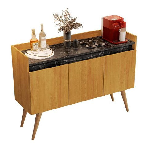Aparador Buffet Gold Marmorizado 3 Portas Pés Madeira Maciça Mel/marmore Preto
