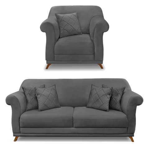 Kit Poltrona e Sofá Living 2 Lugares 1,80m Vênus Suede Pés Castanho - Pallazio - Cinza