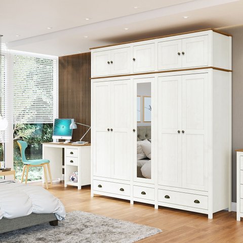 Conjunto Quarto: Guarda-Roupa 10 Portas, Escrivaninha 3 Gavetas Topázio Branco/Freijó Madeira Pinus 
