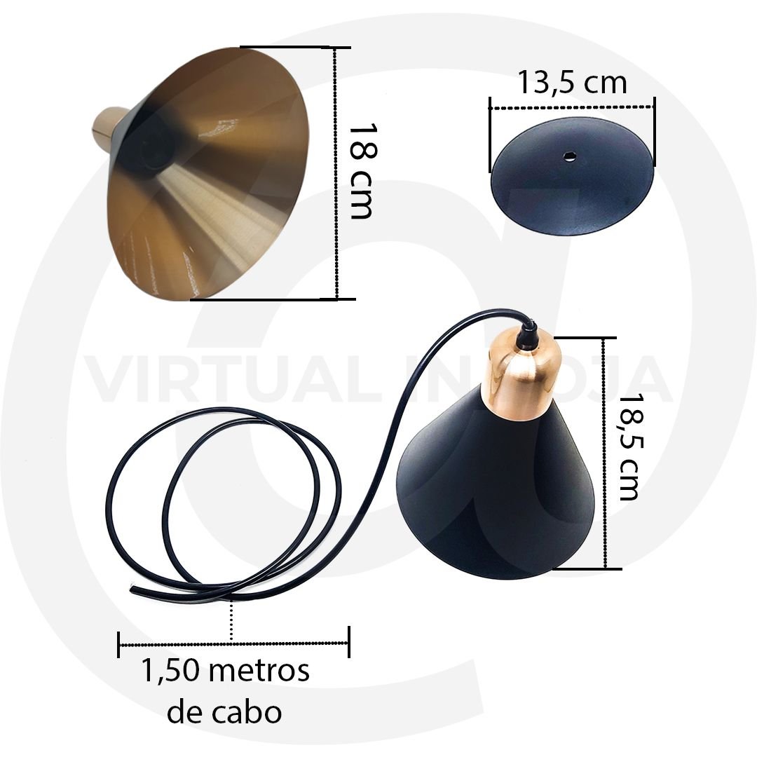 Luminária Lustre Pendente Fuji P Premium Preto C/ Cobre Nobre