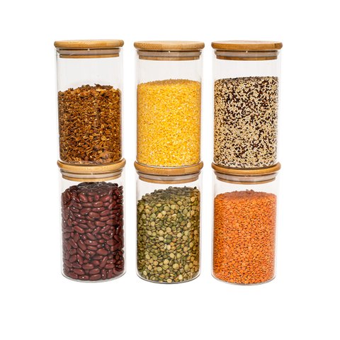 Conjunto de 6 Potes Herméticos de 600 ml com Tampa de Bambu