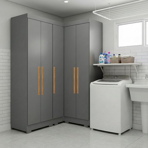 Armário Multiuso para Lavanderia Modulado 5 Portas com Pés Ônix Aurora Cinza/Onix