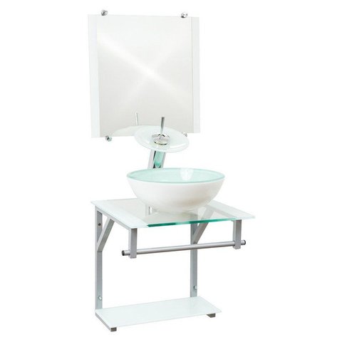 Gabinete de Vidro 40cm Cuba Redonda Branco + Torneira Cascata - Dahora