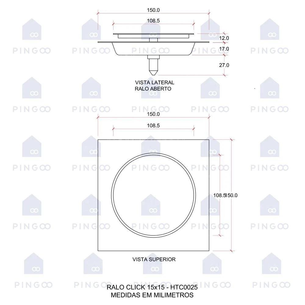 Ralo Click Up Para Chão 15 cm Inox Pingoo.casa - Preto - 2