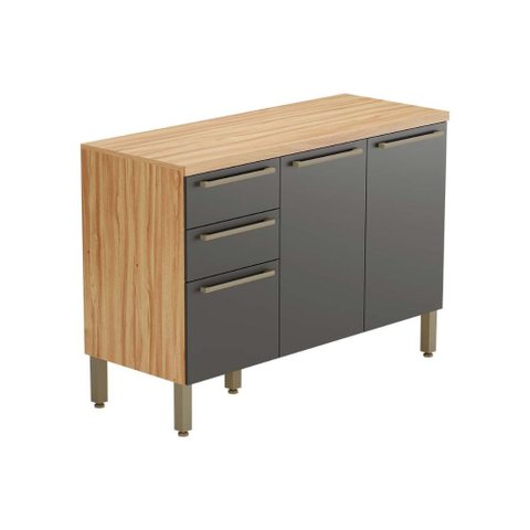 Gabinete de Cozinha Modulado Balcão Nápoli Prime 3 Portas e 2 Gavetas C/ Tampo 120cm Amendoa/