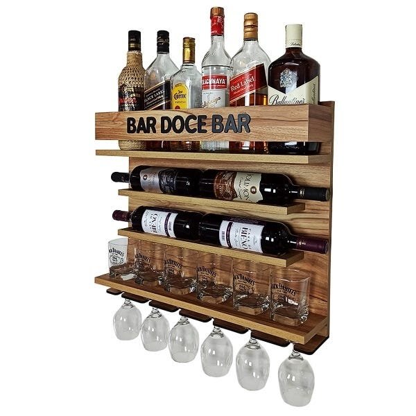 Barzinho e Adega de Parede vinho com porta taças - Bar Doce Bar - 60 x 51 - cor Nogueira
