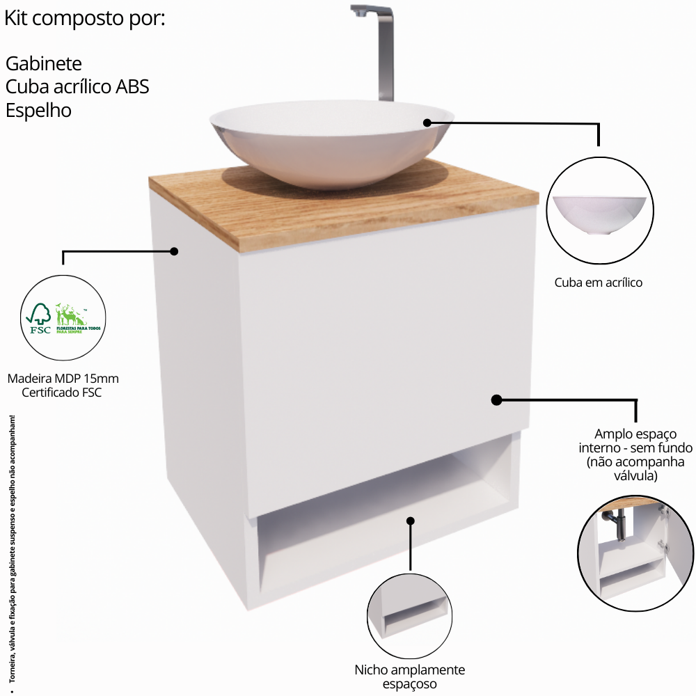 Gabinete de Banheiro 40cm com Cuba e Espelho Completo Lavabo Armário Suspenso - 4