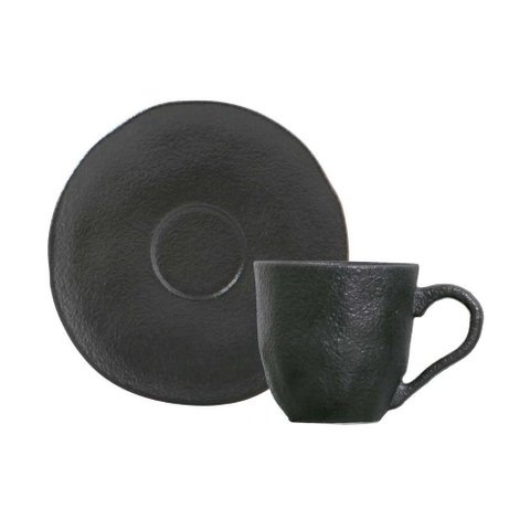 Xícara para Café com Pires em Cerâmica Preto Matte 100ml Porto Brasil