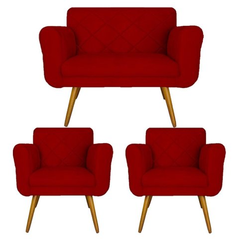 Jogo Namoradeira e 2 Poltrona Decorativa Para Recepção Isabella Suede Vermelho - LM DECOR