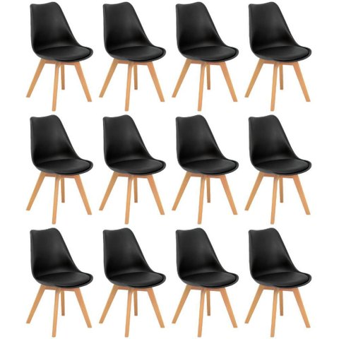 Conjunto 12 Cadeiras de Jantar Eames Wood Leda Design Estofada - Preto