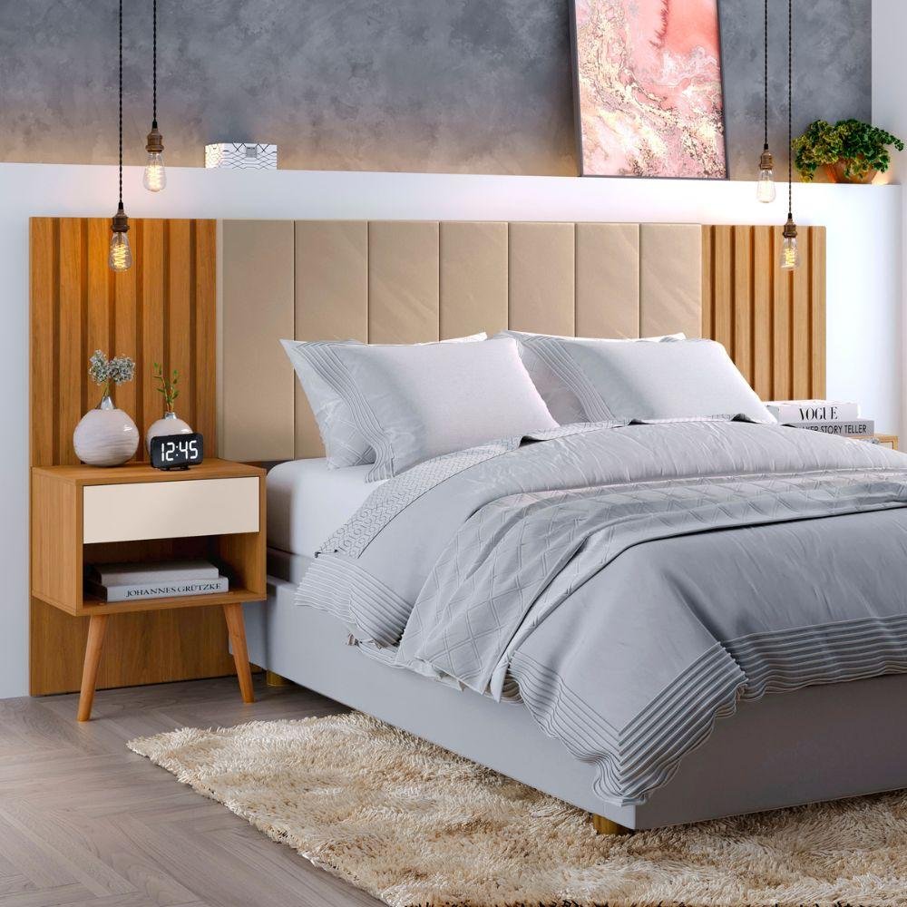 Cabeceira Queen Extensivel Estofada com Mesa de Cabeceira Zara Shop Jm Camaru Perola