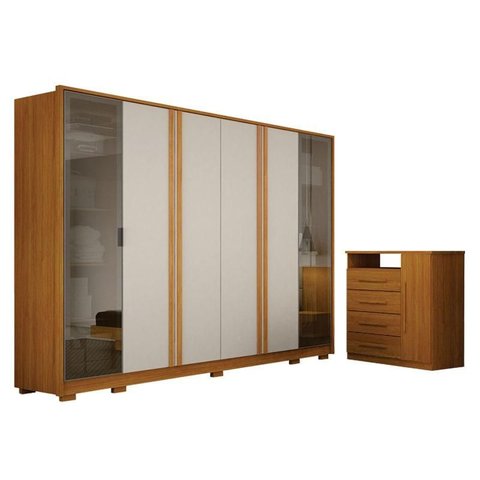 Guarda Roupa Casal Prime 6 Portas Off White com Cômoda Diamante 4 Gavetas 1 Porta Cinamomo – Leifer