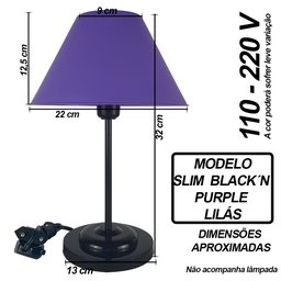 Abajur Slim Black´n Purple Luminária de Mesa Fino Quarto Sala – Base Preto Cúpula Lilás - 2