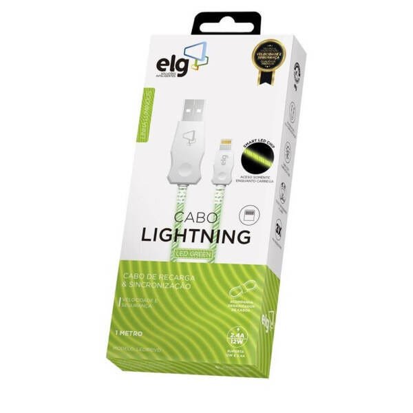 Cabo de Led Lightning Iluminado para Recarga e Sincronização Led810vd 1m Verde - Elg - 5