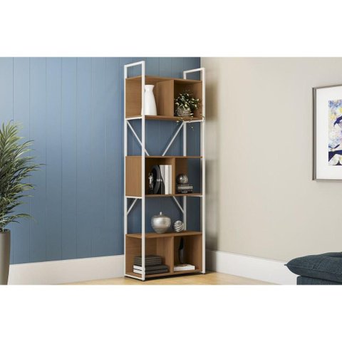 Estante Livreiro Solteiro Industrial Alta Li014 C/ 6 Nichos 72x202cm Canela/branco - Kappesberg