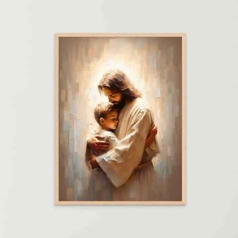 Quadro Decorativo Jesus Cristo e o Menino Abraçados Quarto Infantil Ref. 03