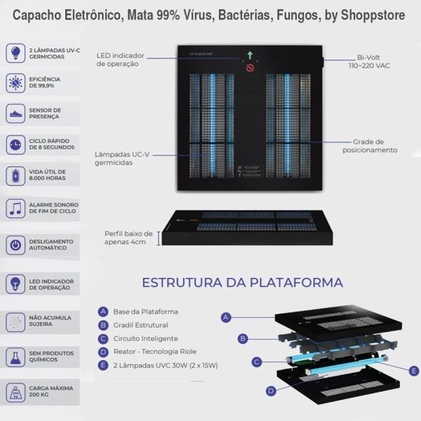 Capacho Eletrônico Mata 99% Vírus, Bactérias, Fungos, By Shoppstore - Preto - 6