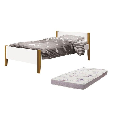 Cama Solteiro Simba Branco Fosco Pés Amadeirado com Colchão D20 - Reller Móveis Branco Fosco