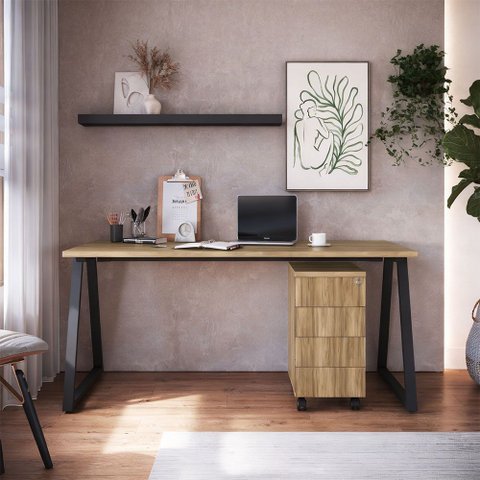 Mesa Escrivaninha Industrial e Gaveteiro com Rodízios Idea A03 Nogal Sevilha Preto - Lyam Decor
