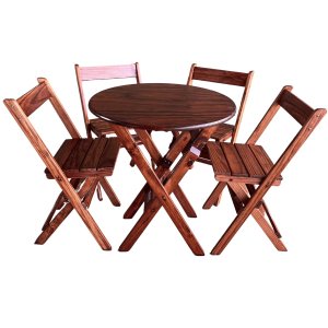 Conjunto Mesa Redondo 90cm Dobrável com 2 Cadeiras em Madeira Maciça - Imbuia