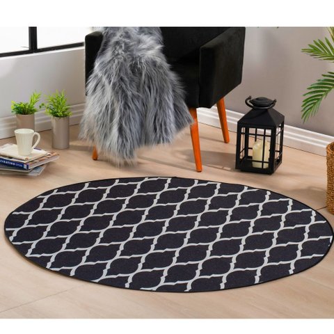 Tapete Redondo 1.00m X1.00m Cami Casa Jacquard Antiderrapante:mimi Caramelo Preto