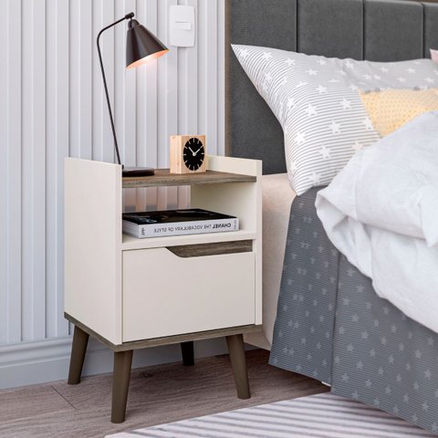 Mesa de Cabeceira Pés Palito Gabriela com Gaveta e Nicho:off White