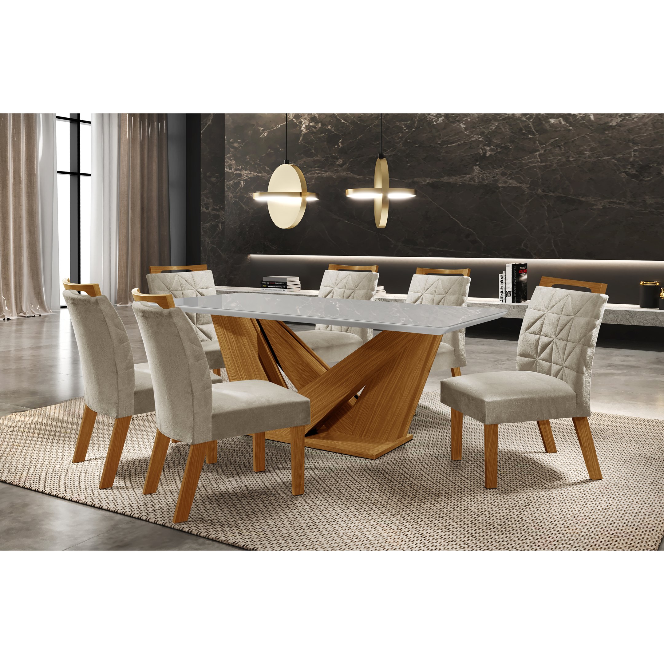 Conjunto Sala de Jantar Mesa Tampo em MDF/Vidro e 6 Cadeiras Apolo Chanfro Premium Yescasa