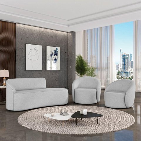 Sofá 3 Lugares Orgânico 160cm Morgan e 2 Poltronas Lua Linho Cinza