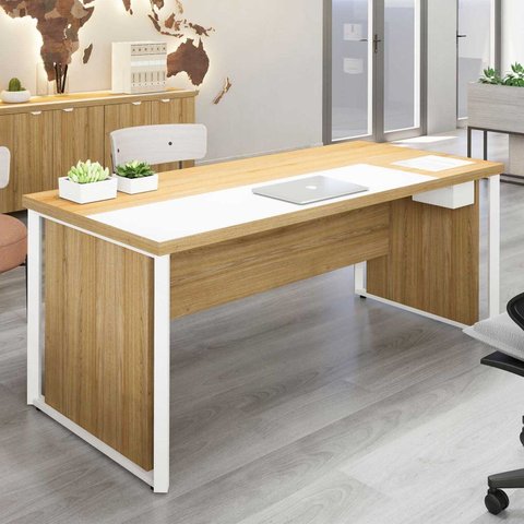 Mesa de Escritório Diretor com Caixa de Tomadas e Porta Objetos 180cm Corporate Macadâmia e Branco Marrom