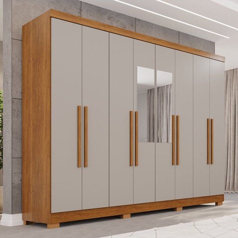 Guarda-Roupa Casal com Pés e Espelho 8 Portas 4 Gavetas França Espresso Móveis Off White/Cinamomo