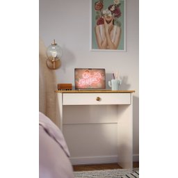 Escrivaninha com Puxador Moderno 1 Gaveta em Mdp Estilo - Off White com Freijó - 1