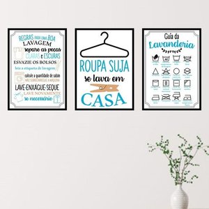 Kit 3 Quadros Decorativos Lavanderia Azul