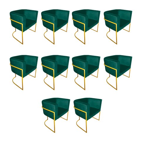 Kit 10 Poltronas Decorativa Sala de Estar Base de Ferro Dourada Veludo Verde
